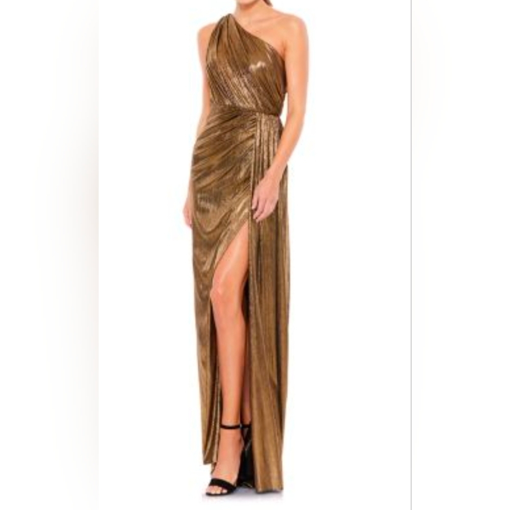 NWT Macduggal IEENA Gold Grecian Drape One Shoulder Dress Size 2 Prom Party Gala